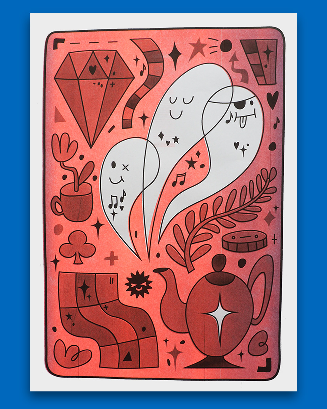 Risograph print of ghosts, a teapot, a Dimond and other patterns, coloured red.