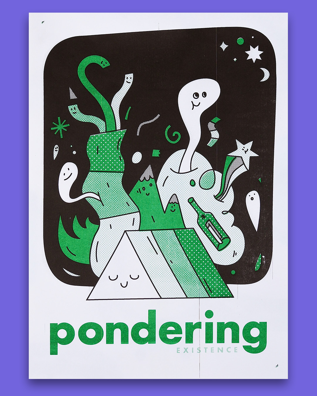 Risograph print of abstract happy faces and patterns. Text says "Pondering Existence" coloured green.