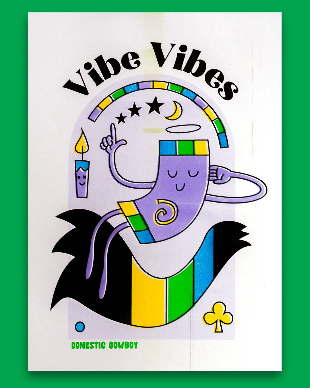 Risograph print of a happy abstract character with patterns. Brightly coloured. Text says "Vibe Vibes"