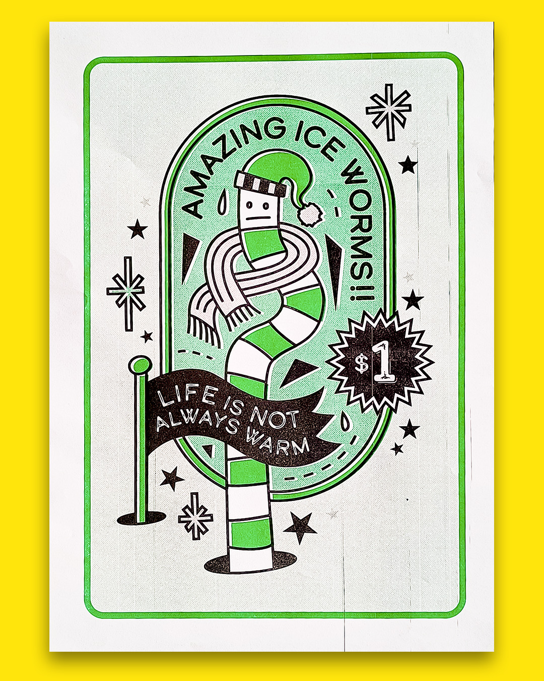 Risograph print of a cold work. Text says "Ice Worms." Coloured Green.