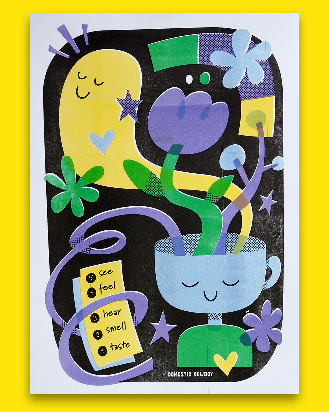 Risograph print of a happy abstract character with a ghost and flowers coming out of head. Brightly coloured.