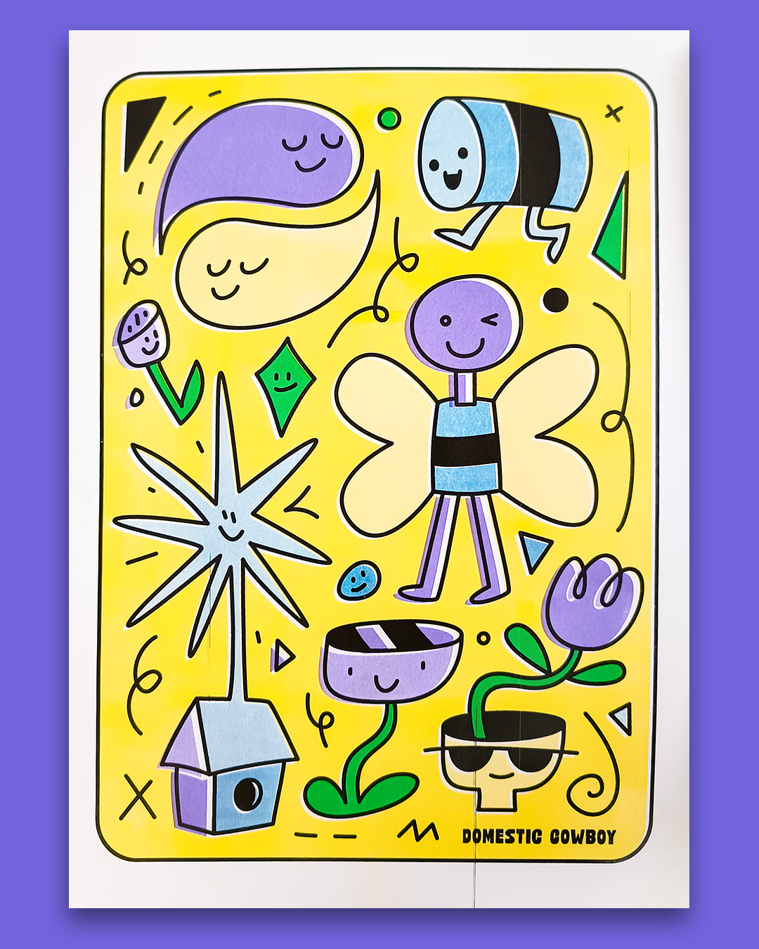 Risograph print of a happy abstract characters with patterns. Brightly coloured.