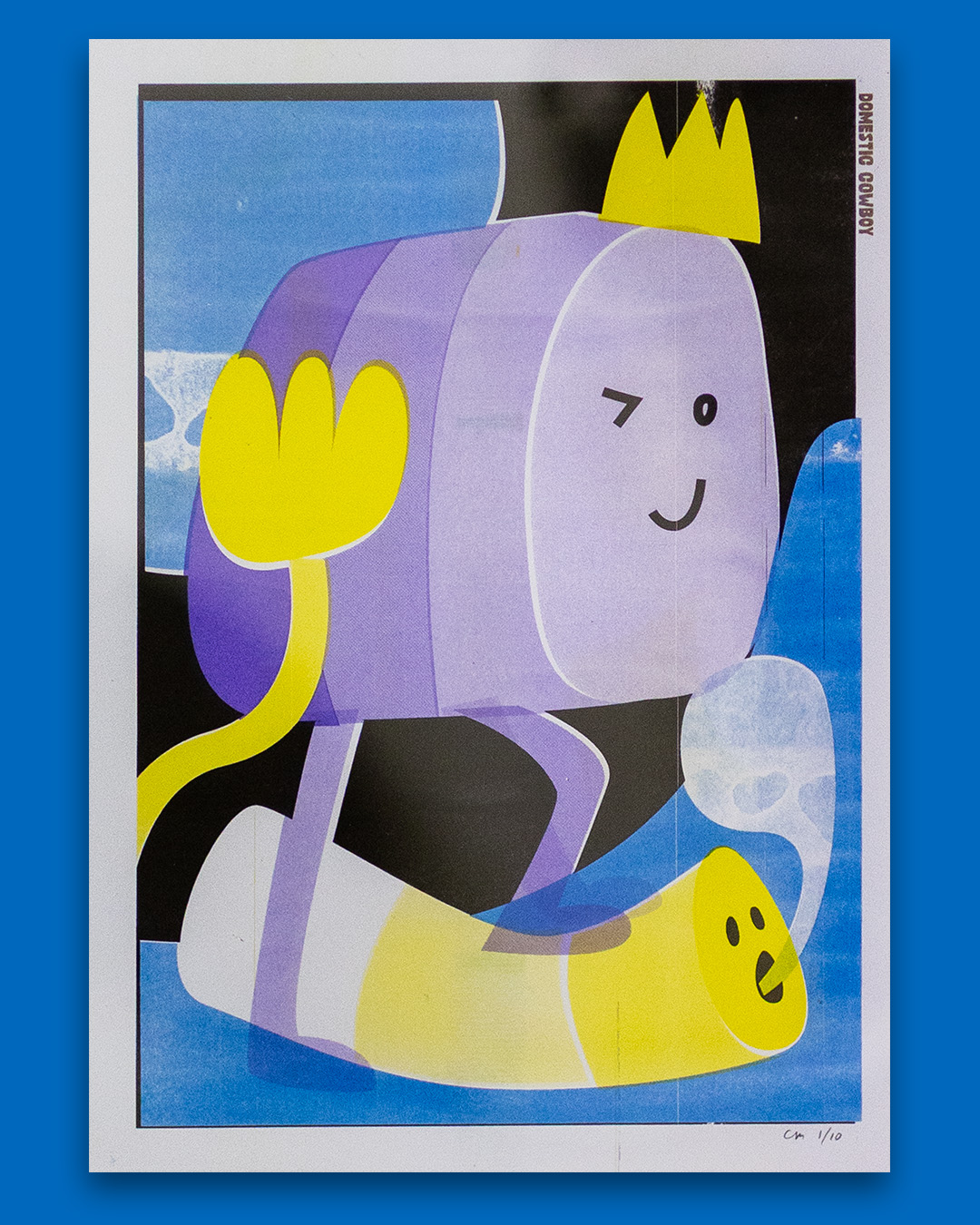 Risograph print of a happy abstract tube character crushing as smaller tube. Brightly coloured purple, blue and yellow.