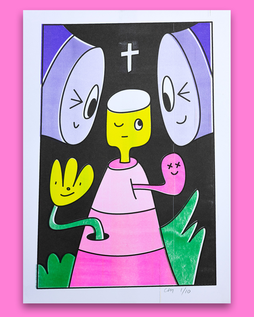 Risograph print of a abstract character. Middle character is meditating, opening an eye while two smiling characters look on. Flowers and ghosts come from the middle characters body. Brightly coloured.