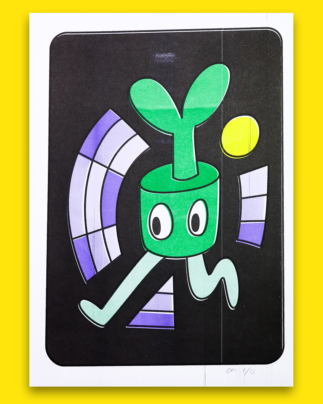 Risograph print of a abstract character running with patterns. Brightly coloured.