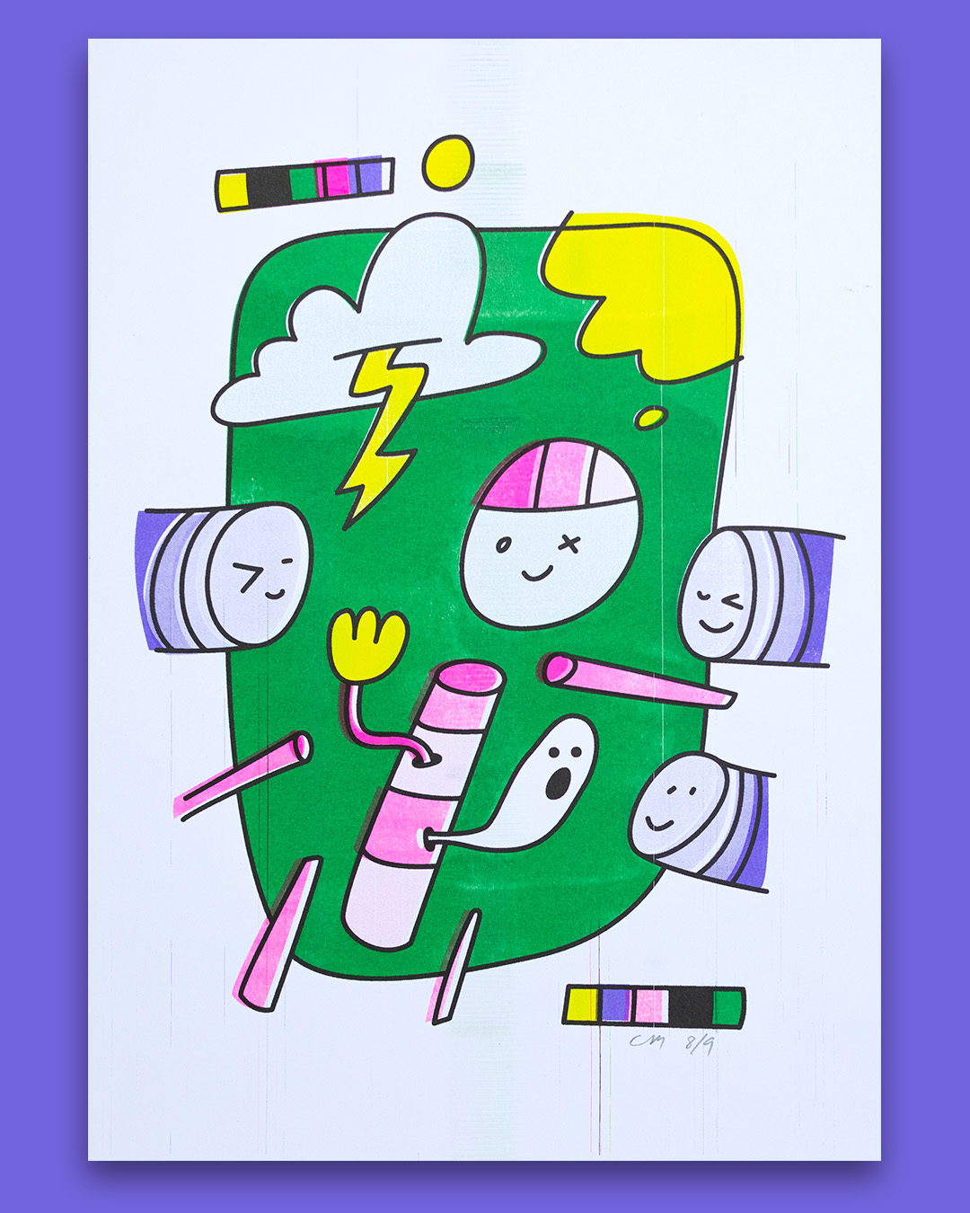 Risograph print of a deconstructed character surrounded by other characters. Brightly coloured.